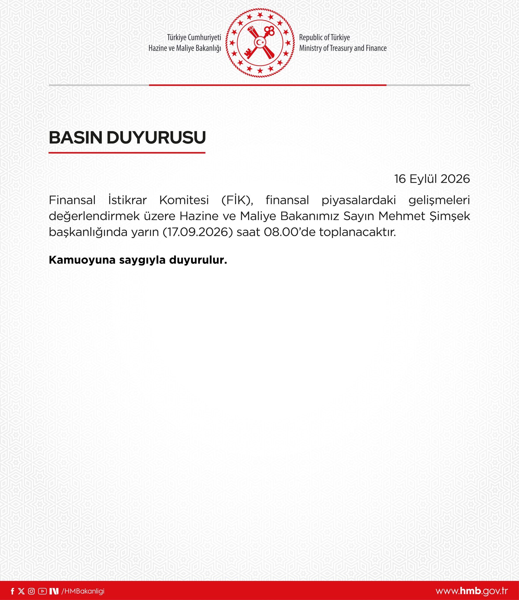 Hazine Ve Maliye Bakanlığı Duyurusu