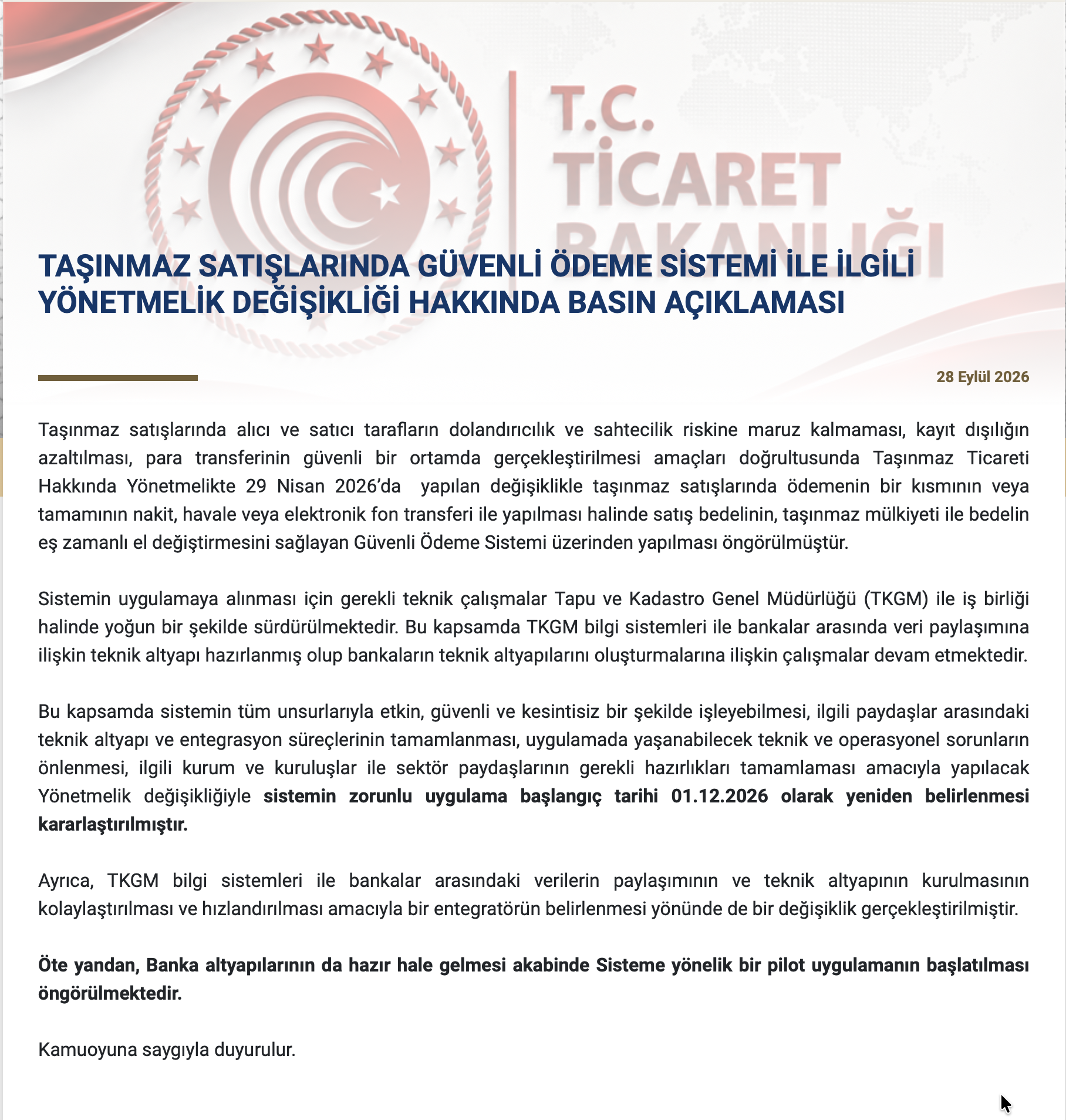 Taşınmaz Satışlarında Güvenli Ödeme Sistemi 1 Aralık’ta Zorunlu Olacak1