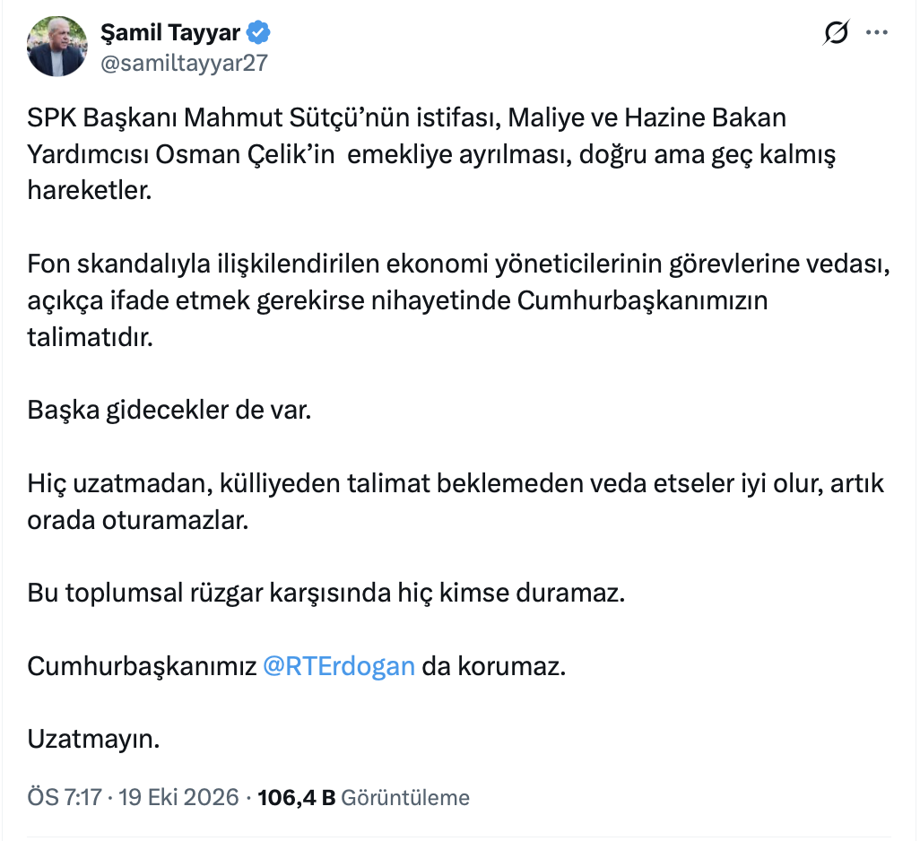Ak Partili Şamil Tayyar'dan Ekonomi Yönetimindeki Ayrılıklara Ilişkin Açıklama