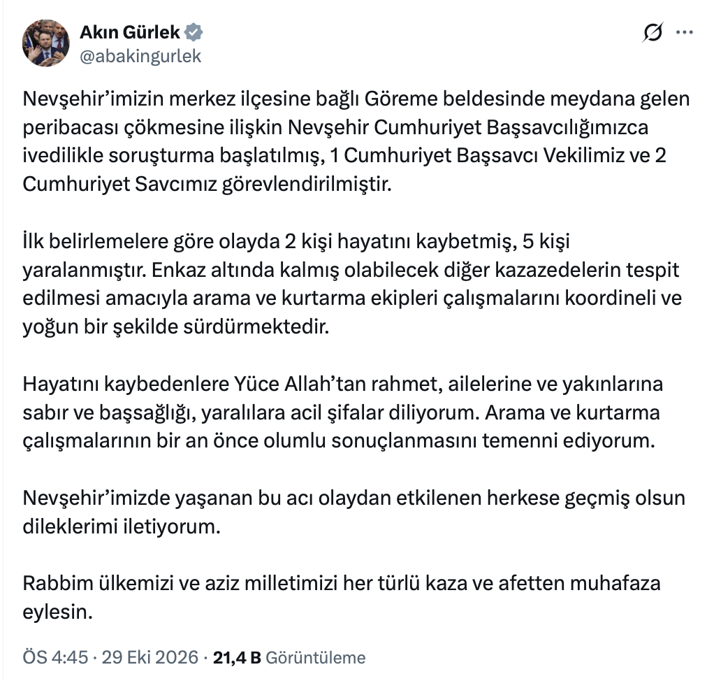 Kapadokya'daki Peribacası Çökmesine Soruşturma! 2 Ölü, 5 Yaralı
