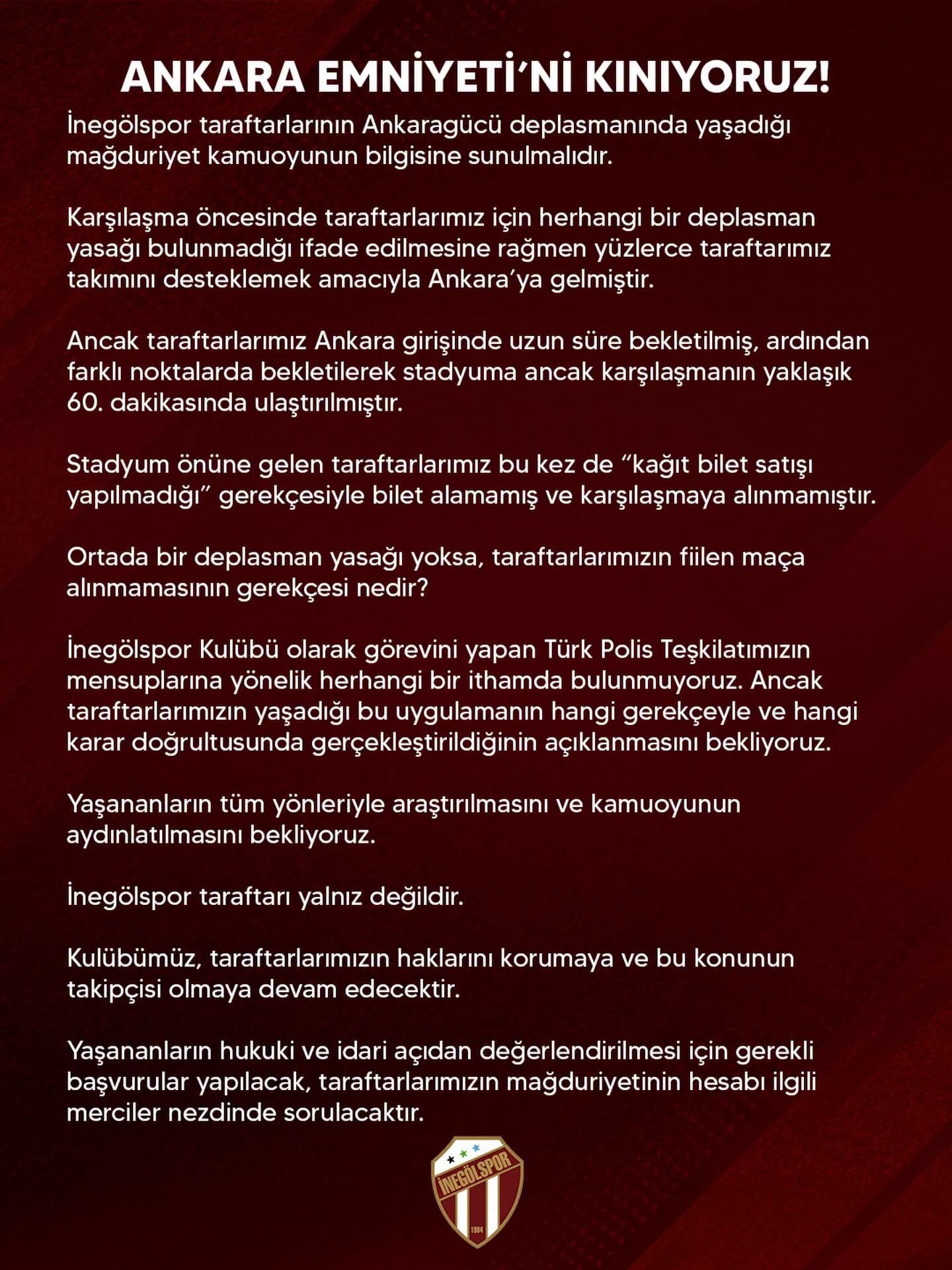İnegölspor Yönetiminden emniyete sert tepki